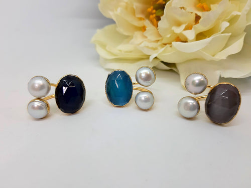 Anelli in ottone dorato con perle e cristallo occhio di gatto - Jewel Sì Closet